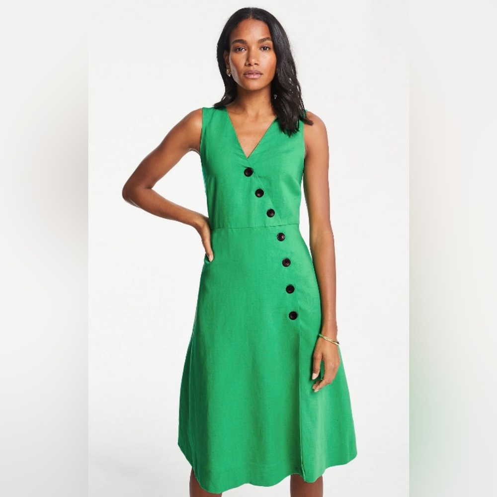 Ann Taylor Vibrant Green A-Line Linen Blend Dress